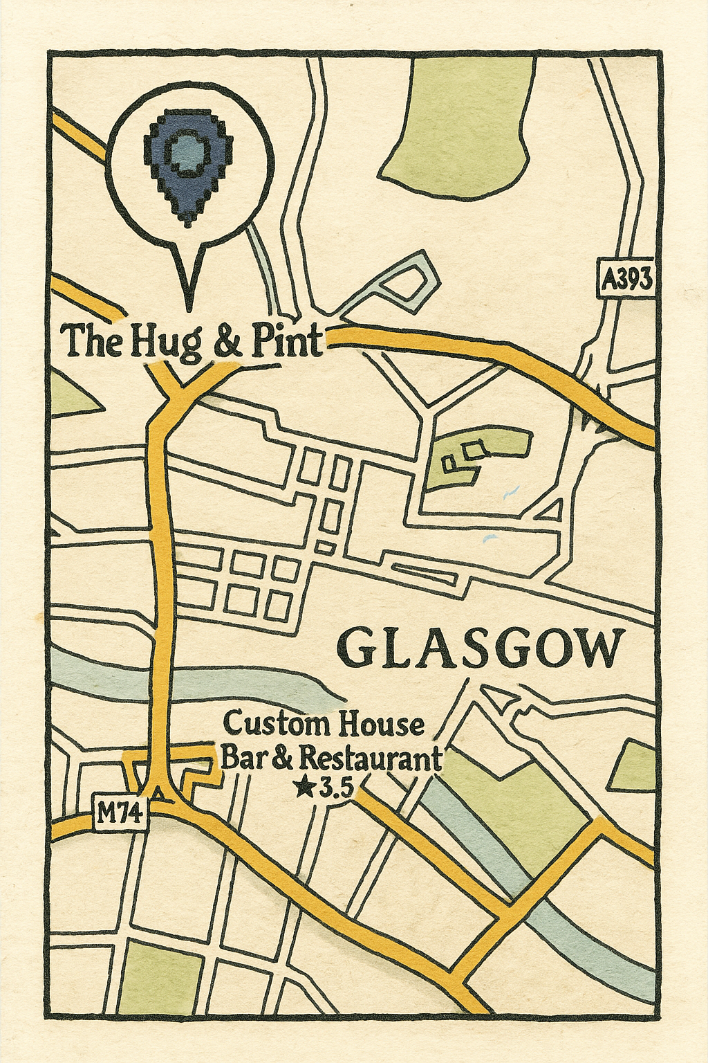 Vintage-style, hand-drawn map of Glasgow showing The Hug & Pint's location